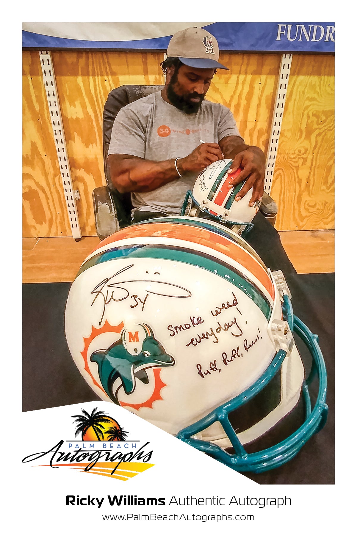 Ricky Williams Autographed Miami Dolphins (Throwback) Deluxe Full-Size Replica Helmet w/ "Smoke Weed Everyday", "Puff, Puff, Run" - JSA